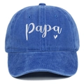 Macro detail of white Papa heart embroidery on blue washed cotton baseball cap - Sapphire Blue
