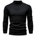 Close-up of black turtle neck knit sweater showing high-quality fine rib texture and fit - Mock Neck Black