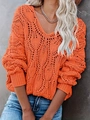 Maglione da donna arancione traforato a maglia con scollo a V e stile crochet - S / Rosso Arancio