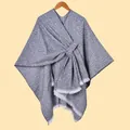 Women's elegant grey knitted shawl wrap with white fringe tassel trim detail - Speckled with White Fringe / Black