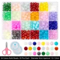 DIY jewelry kit with 24 colors of 8mm glass beads, elastic cord and pink scissors - 24 Grids Solid Color Beads Kit