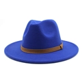 Detail of royal blue wool jazz hat featuring a vintage brown leather decorative band - M (56-58cm) / Blue