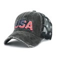 Gewaschene Baseballkappe mit USA 3D Stickerei und Mesh-Rückseite mit Sternen - Schwarz USA Flagge Stickerei