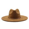Brown wide brim felt hat featuring a decorative gold metal band on a clean white background - Khaki Suede