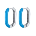 Detailed close-up of U-shaped silver earrings with blue enamel and snap-on closure - Blue Silver