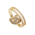 Adjustable golden double layer ring with micro-paved cubic zirconia evil eye charm - Double Layer Zirconia Evil Eye