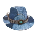Cappello Fedora vintage per bambini in denim patchwork con fascia etnica e pietra turchese - Taglia Bambini (52-54cm) / Stile Patchwork Denim Blu Chiaro