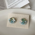 Green crystal flower earrings with blue beads and butterfly detail on a card - Light Green Gem Butterfly Beaded Studs (48#)