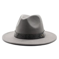 Detail of light gray fedora hat featuring a snakeskin pattern band and gold stud accent - Light Gray
