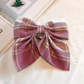 Pink and white plaid JK style bow hair clip on a soft decorative background - Pink White Camellia Plaid