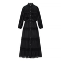 Elegant black long-sleeve dress featuring lace patchwork and front button-down details - S / Black