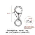 S925 sterling silver 8mm lobster clasp in white gold finish for jewelry making - 925 Silver Curved Clasp Platinum / 8mm