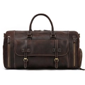 Detail view of a vintage dark brown leather duffel bag with buckled front pocket - 9803 / Dark Brown