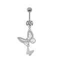 Detail of silver belly ring featuring a double butterfly pendant with rhinestones and pearls - Silver Butterfly Pearl Style (#2)