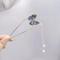 Elegant U-shaped butterfly hair pin with iridescent shell inlay and pearl tassel - Enamel Butterfly Hair Stick - Gold