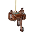 Close-up of Western saddle pendant with Beauty engraving and turquoise feather details - Style 1 (Colorful Patterned Saddle)