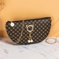Mini borsa a mezzaluna marrone con motivo floreale dorato e ciondoli a orecchie di gatto - Stampa Monogramma / Marrone