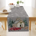 Grey linen Christmas table runner featuring red truck and snowflake festive patterns - Grey Red Truck Church Deer (ZQ26-21)