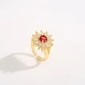 Exquisiter 18K Gold Blumenring mit rotem Stein und weißen Zirkonia-Blütenblättern - Einstellbar Offen / Gold + Weiß Roter Zirkon (JZ248)