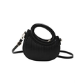 Minimalist black crescent leather handbag with vertical quilting and round hollow handle - Black