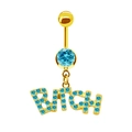 Golden belly button ring with blue crystals featuring a Bitch letter pendant - Gold with Lake Blue Zirconia