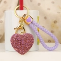 Purple rhinestone heart keychain with matching woven leather strap and gold ring - Rhinestone Heart Light Purple