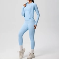 Three-piece light blue quick-dry yoga set including zip jacket, tank top, and high-waist leggings - S / Top And Bottom / Sky Blue