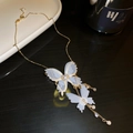Vintage style double light blue lace butterfly necklace with pearls and gold tassel - Gold Butterfly Rhinestone Pearl Pendant Necklace