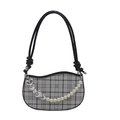 Minimalist black and white plaid shoulder bag with heart and pearl decorative chain - Black