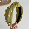 Olive green fabric knotted headband featuring white pearls and sparkling rhinestones - Yellow-Green