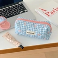 Light blue plaid quilted cosmetic bag with pink bow accent and zipper closure - Pencil Case / Blue