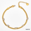 Gold stainless steel snake chain bracelet featuring five rectangular clear zircon stones - White Bracelet (SAK970)