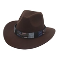 Close-up of brown felt cowboy hat featuring star-striped band and metallic eagle logo - Eagle Belt / Coffee