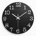 Retro round wall clock with black wood grain dial and large white Arabic numerals - 12inches/30cm / Black Wood
