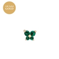 Detail showing 14K solid gold butterfly stud earrings with sparkling green gemstones - May Emerald Green