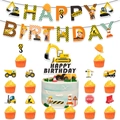 Construction excavator theme cake toppers and Happy Birthday banner for kids party decor - Striped Construction Birthday Set One