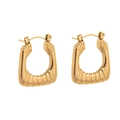 Close-up of golden geometric hoop earrings featuring striped texture and polished finish - Square Ribbed Style - Gold (CBGE0015JS)