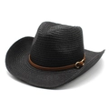 Klassischer schwarzer Cowboyhut aus Strohgeflecht mit breiter Krempe und braunem Lederband - M / Schwarz