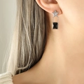 Titanium steel star earrings featuring dual chains and a rectangular black zircon stone - Steel Color (F668)