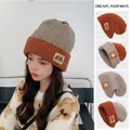 Winter knitted beanie in grey and caramel two-tone style with leather AIR patch - One Size / Multi-way Wear Style / Khaki