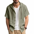 Détails d'une chemise à capuche en lin vert olive avec texture respirante et boutons - Vert Militaire