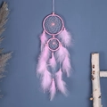 Pink handmade feather dream catcher with beaded mesh web for wall decoration - Double Ring / Pink
