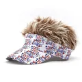 Funny white baseball cap with light brown fluffy wig hair and vintage graphic print - Adjustable / Light Coffee