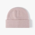 Women's minimalist soft light pink knitted beanie hat with classic folded cuff detail - Pink