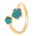 Golden open ring featuring asymmetrical double five-petal flowers with green striped pattern - KC Gold Flower Stripe Style (A-1179)
