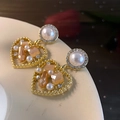 Golden heart drop earrings featuring champagne gemstones and pearls in a variant view - E5663-925 Sterling Silver Earring Post / Champagne