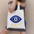 White canvas tote bag with graffiti Greek Evil Eye print and shoulder strap - STD1804-I Evil Eye with Golden Tears