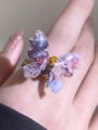 Artistic butterfly ring with blue ink-wash texture and intricate beadwork details - Ink Print Butterfly Beaded Ring (N-616)