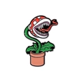 Cartoon Piranha Plant enamel pin with red spotted head and green stem in a brown pot - Classic Piranha Plant