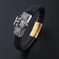 Pulsera trenzada de cuero negro con búho plateado y cierre magnético de color oro - Dorado